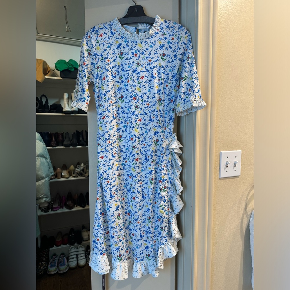 NWT Rabanne White Asymmetric Ruffle Floral Flamenco Dress